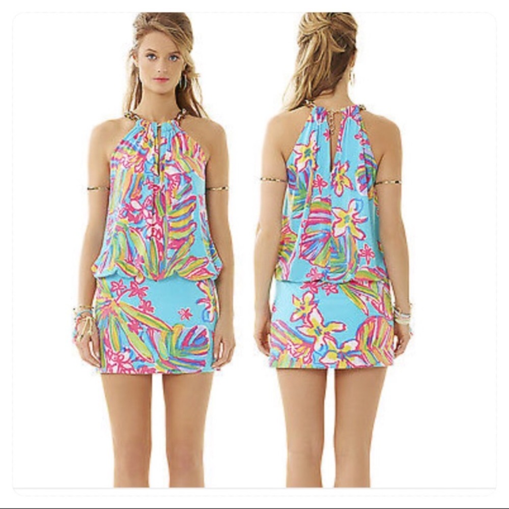 Lilly Pulitzer Turquoise Floral Halter Mini Dress with Gold Chain - Picture 2 of 7